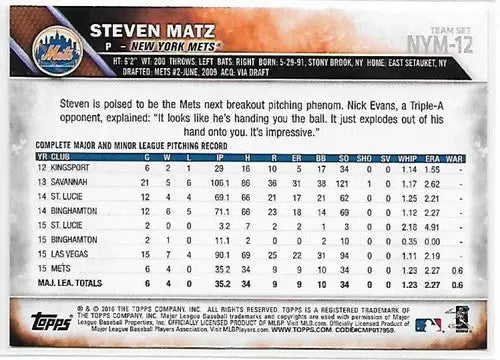 2016 Topps Team Sets New York Mets #NYM-12 Steven Matz NM-MT Mets - Baseball Card Single