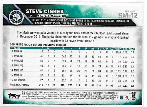 2016 Topps Team Sets Seattle Mariners #SM-12 Steve Cishek NM-MT Mariners - Baseball Card Single