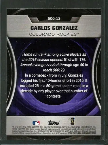 Baseball card back featuring 2016 Topps Update 500 Home Run Club Carlos Gonzalez