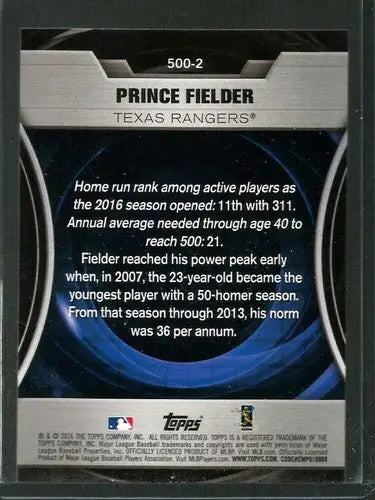 Prince Fielder baseball card back from 2016 Topps Update Home Run Club set