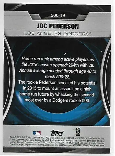 Joc Pederson baseball card from 2016 Topps Update 500 Home Run Club series