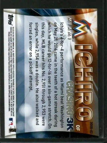 Ichiro baseball card back from 2016 Topps Update Chasing series for collectors