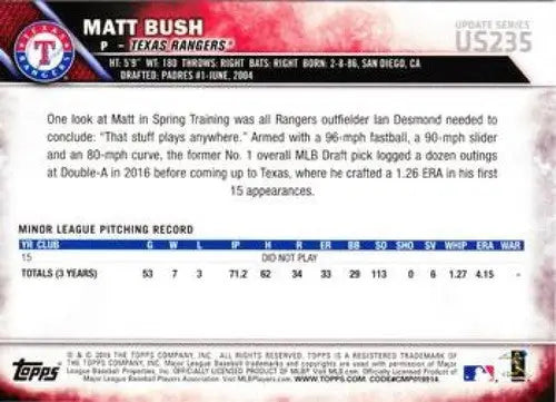 2016 Topps Update Rainbow Foil #US235 Matt Bush NM-MT Rangers ID:12105 - Baseball Card Single