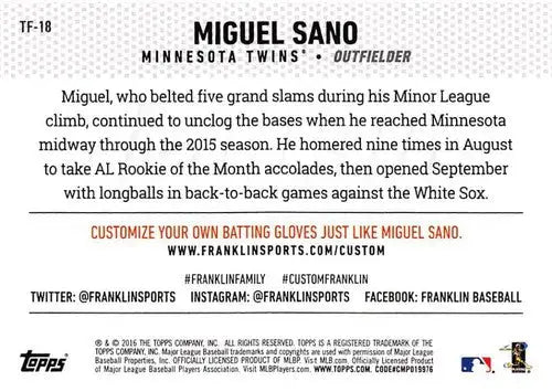Original gloss Baseball card back from Topps Update Team Franklin Miguel Sano NM-MT