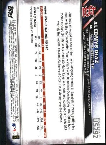 2016 Topps Update US292 Aledmys Diaz Original Gloss Rookie Card Cardinals