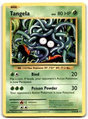 Image of a 2016 XY Evolutions Tangela Basic Common Pokémon card in text-align center layout