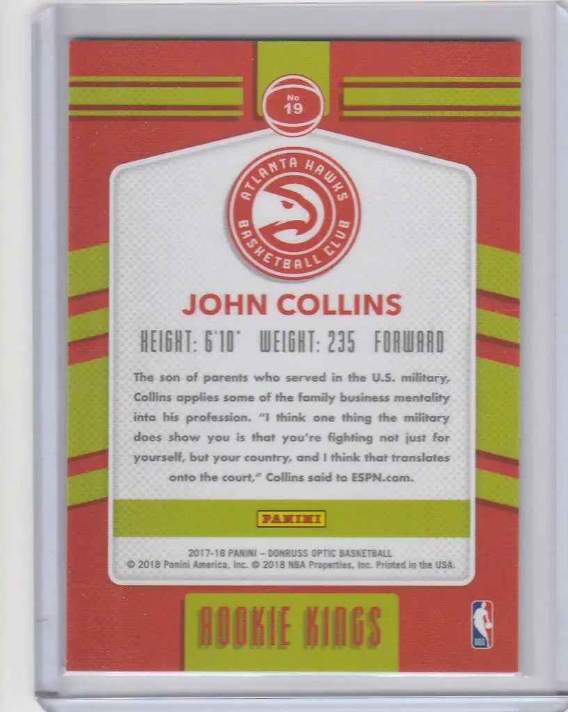 Basketball trading card of John Collins Atlanta Hawks Donruss Optic Rookie Kings 19