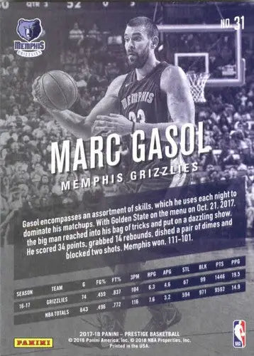 2017-18 Panini Prestige #31 Marc Gasol NM-MT Grizzlies - Basketball Card Single