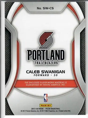 Back of a basketball trading card with Portland Trail Blazers logo and Caleb Swanigan, prizm sensational swatches