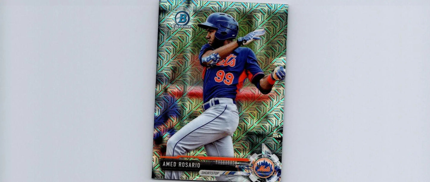 Amed Rosario baseball card from 2017 Bowman #BCP76 Amed Rosario Chrome Prospects Mojo