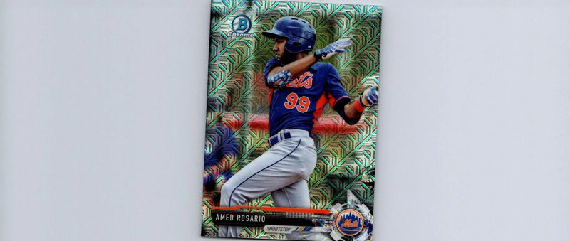 Amed Rosario baseball card from 2017 Bowman #BCP76 Amed Rosario Chrome Prospects Mojo