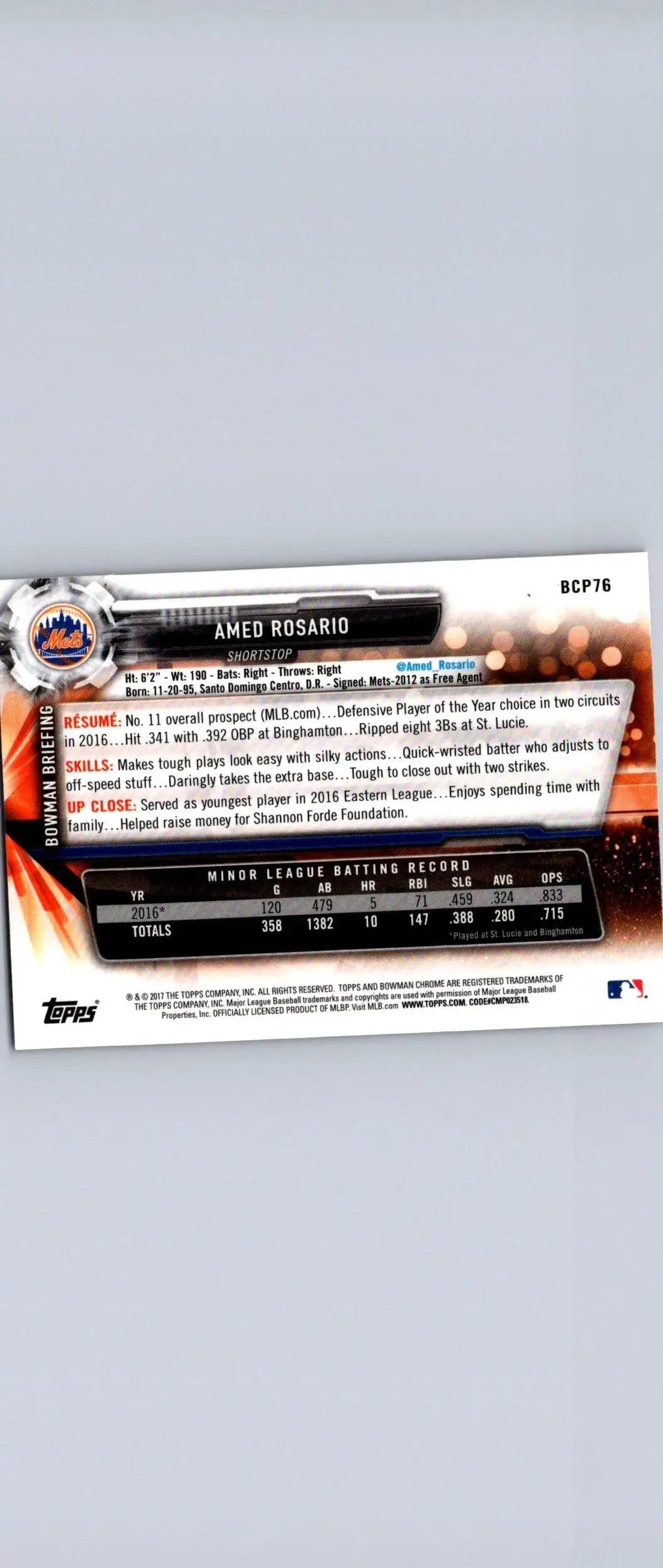 Back of 2017 Bowman BCP76 Amed Rosario Chrome Prospects Mojo baseball card