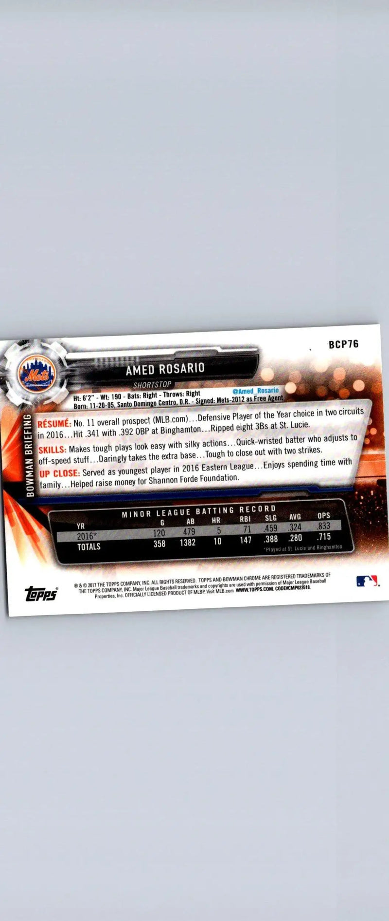 Back of 2017 Bowman BCP76 Amed Rosario Chrome Prospects Mojo baseball card