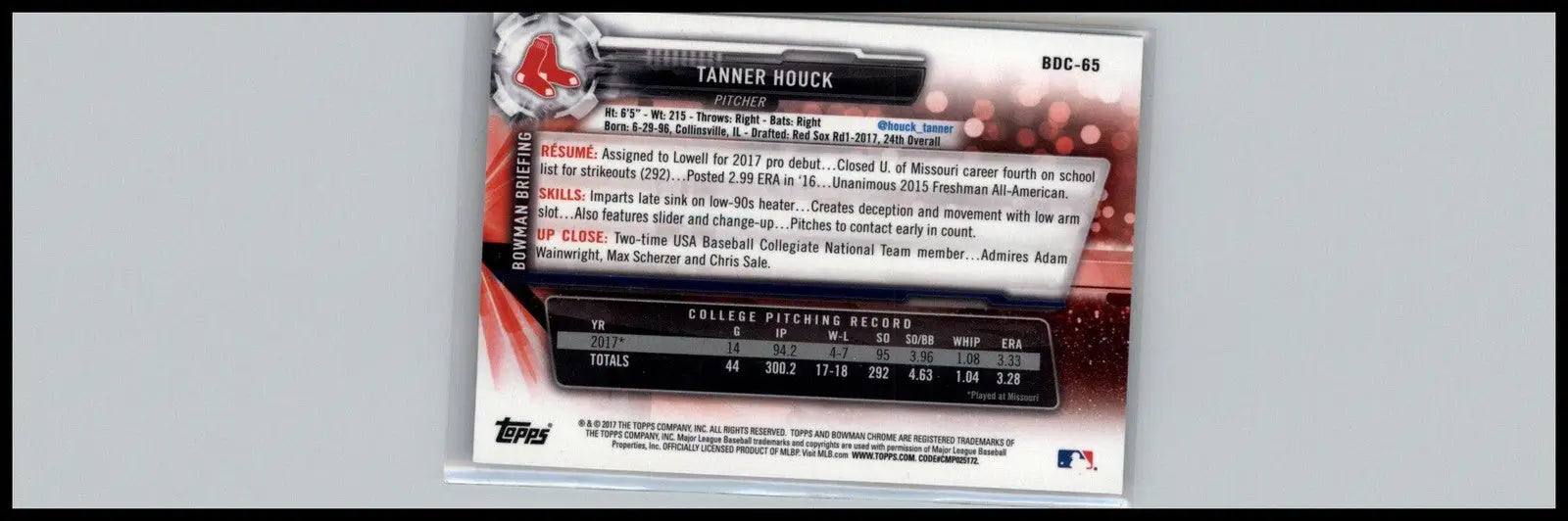 2017 Bowman Draft #BDC-65 Tanner Houck Chrome Boston Red Sox - Baseball Card Single