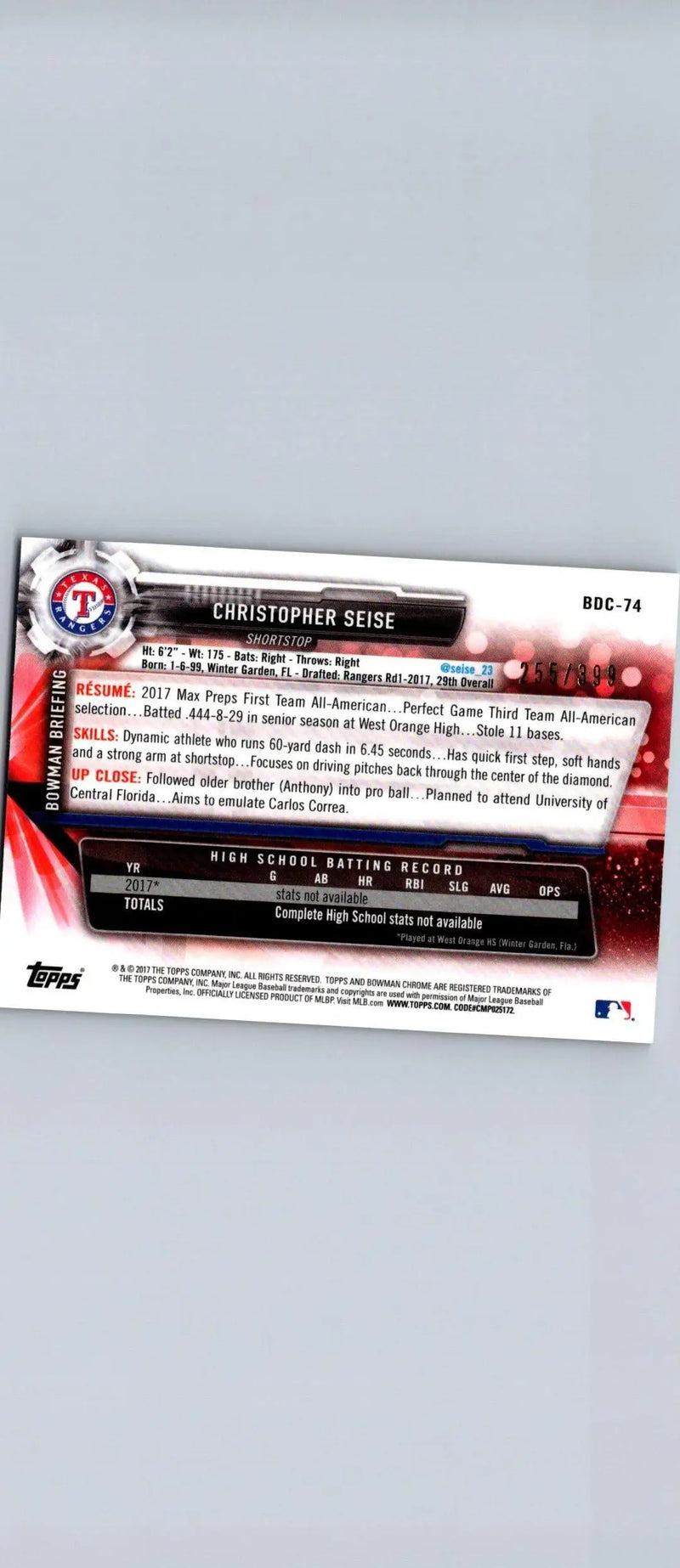Back of 2017 Bowman Draft Christopher Seise Chrome Sky Blue Refractor baseball card
