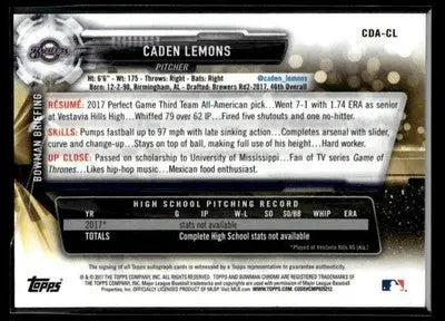 2017 Bowman Draft #CDA-CL Caden Lemons Chrome Draft Pick Autographs - Baseball Card Single