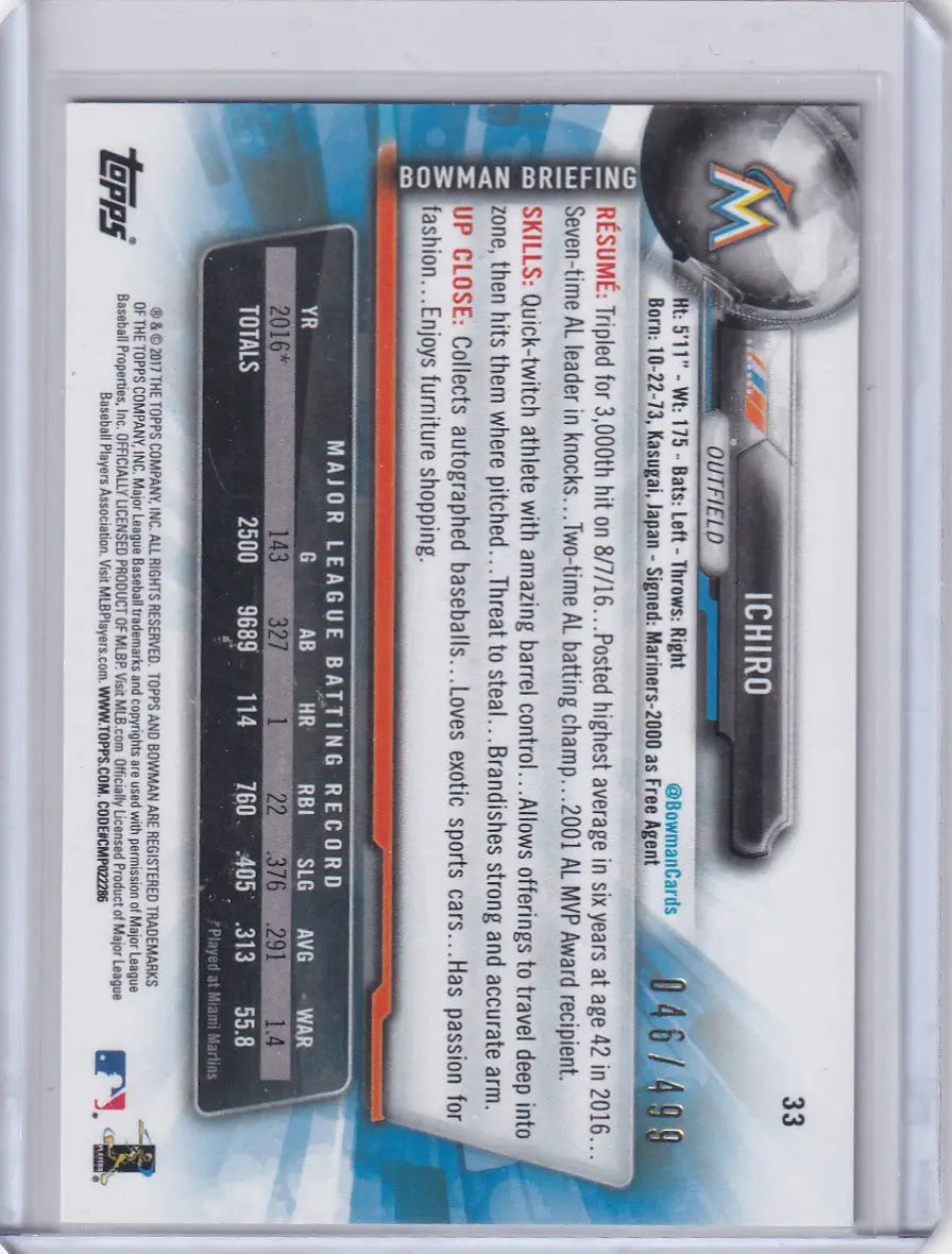 2017 Bowman Silver Paper 46/499 #33 Ichiro - Marlins - Baseball Card Single