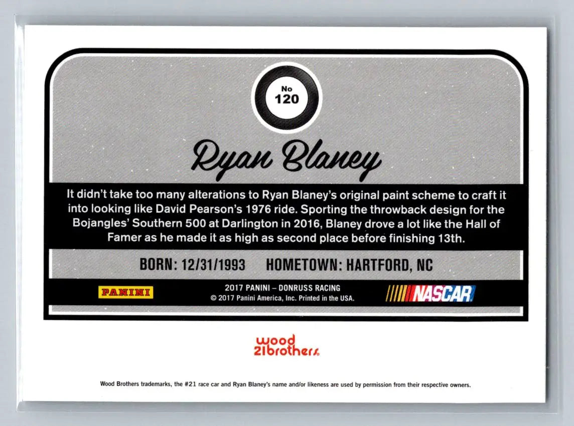 2017 Donruss #120 Ryan Blaney Wood Brothers Racing - Racing Card Single