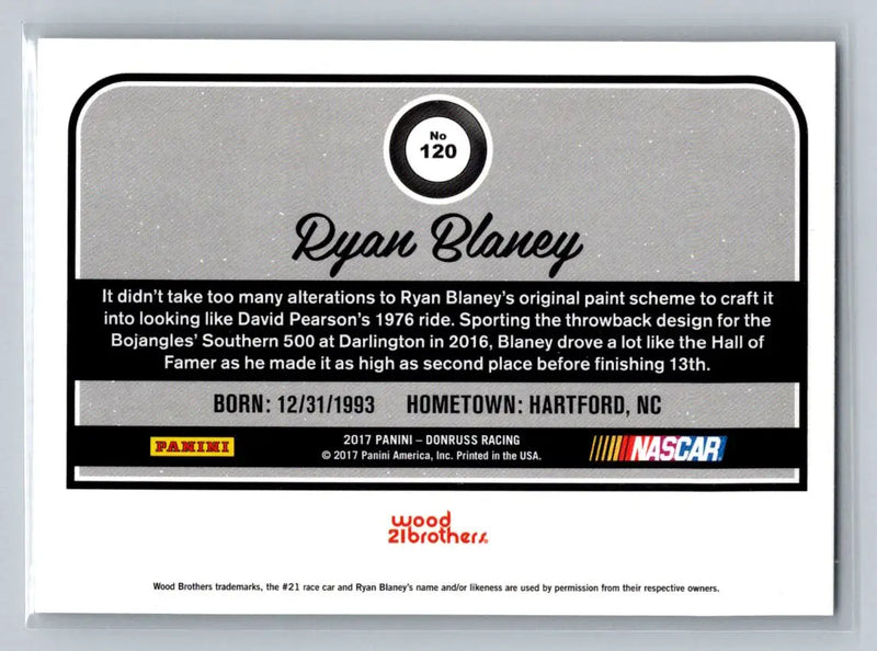 2017 Donruss #120 Ryan Blaney Wood Brothers Racing - Racing Card Single