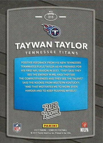 Original gloss football trading card featuring Taywan Taylor Titans Rated Rookie 2017 Donruss