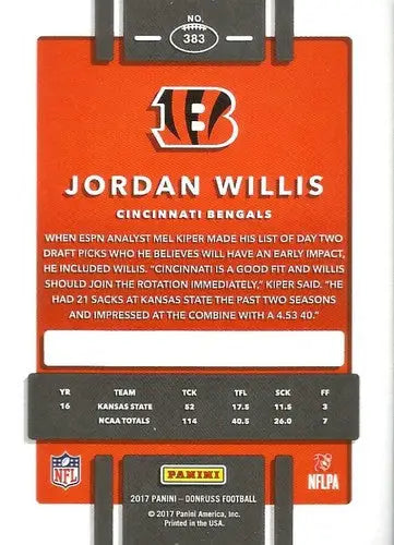 Jordan Willis football card from 2017 Donruss with original gloss and Rookie Bengals