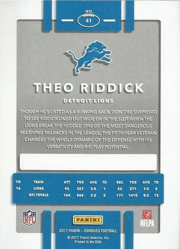 2017 Donruss #41 Theo Riddick NM-MT Lions - Football Card Single