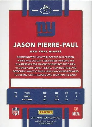 2017 Donruss #42 Jason Pierre-Paul NM-MT NY Giants - Football Card Single