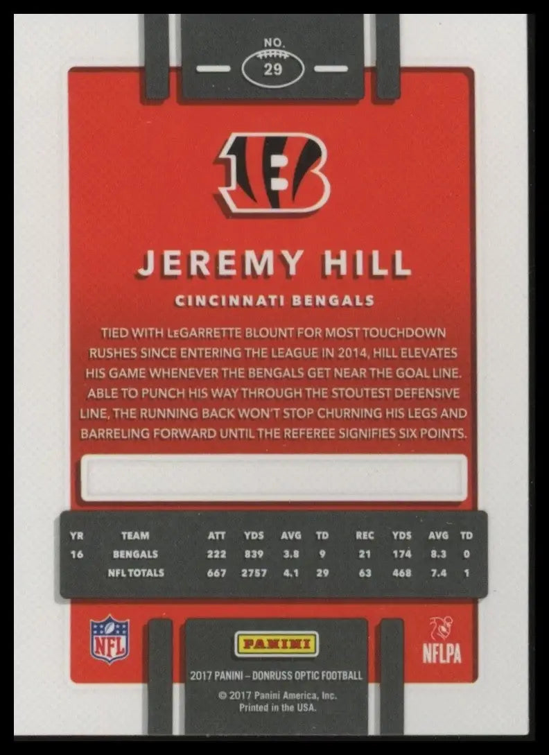 2017 Donruss Optic Jeremy Hill #29 Cinciannti Bengals Football Card NFL Sports - Football Card Single