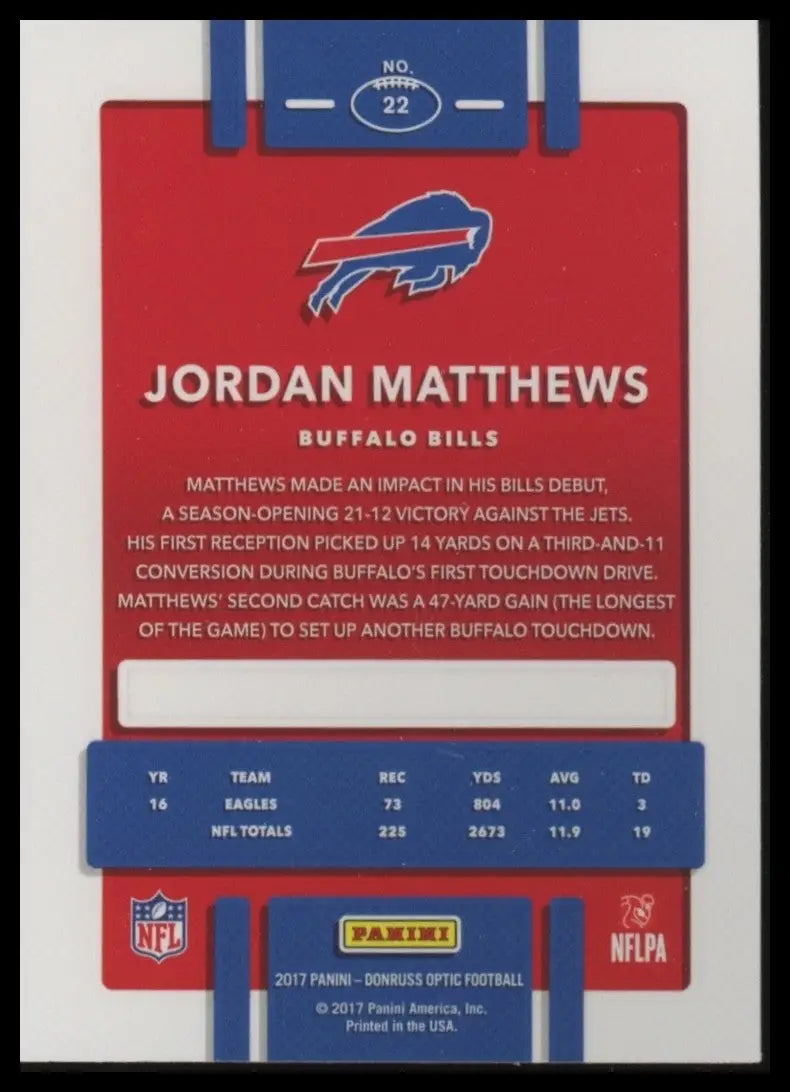 2017 Donruss Optic Jordan Matthews #22 Buffalo Bills Football Card NFL Sports - Football Card Single