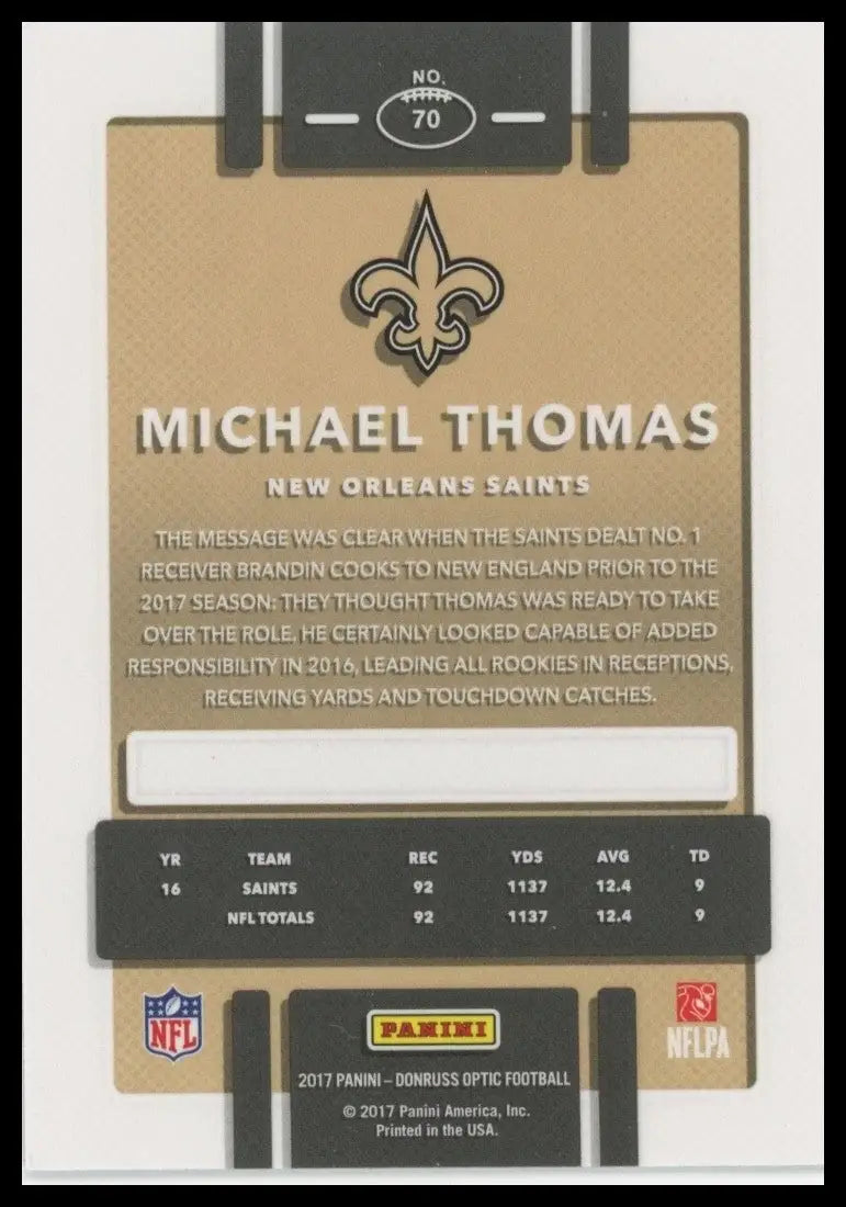 2017 Donruss Optic Michael Thomas #70 New Orleans Saints Football Card NFL Sport - Football Card Single
