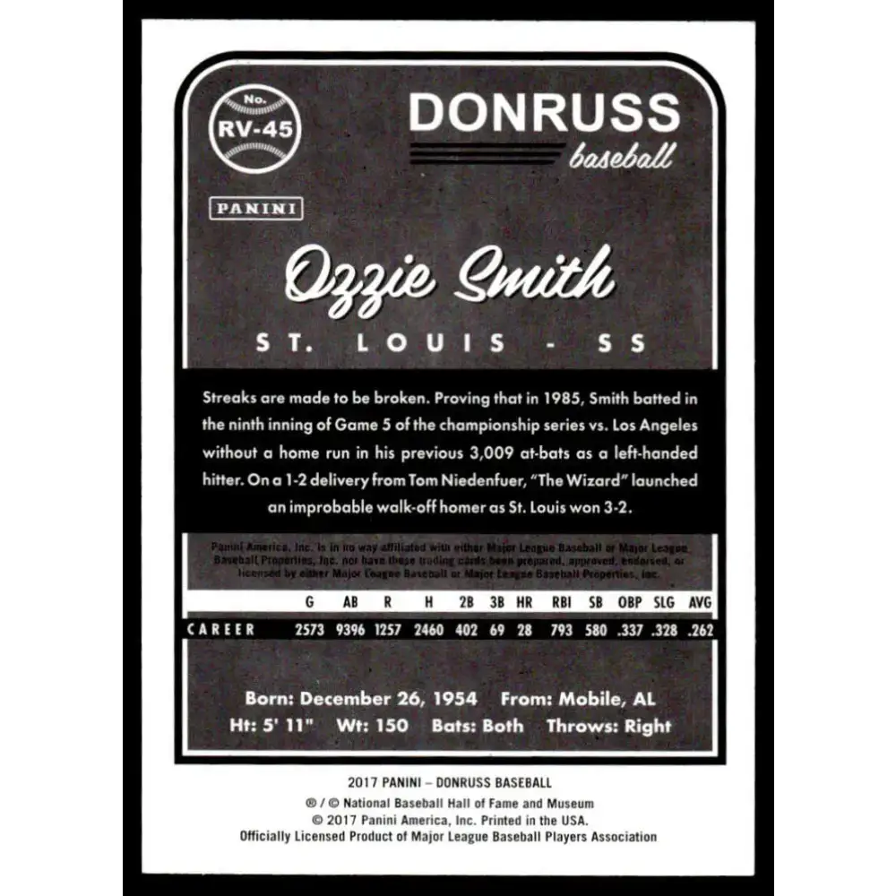 2017 Donruss #RV-45 Ozzie Smith EX/NM St. Louis Cardinals Baseball Card - Baseball Card Single