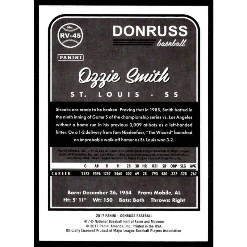 2017 Donruss #RV-45 Ozzie Smith EX/NM St. Louis Cardinals Baseball Card - Baseball Card Single