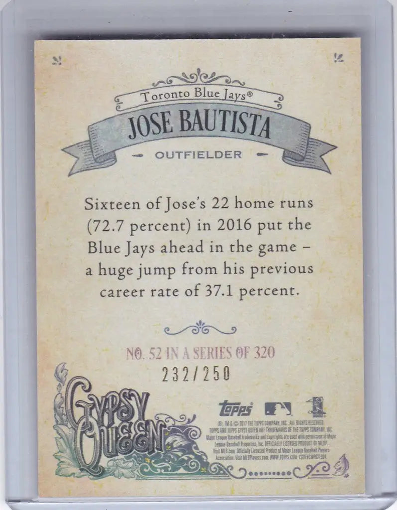 Baseball card of Jose Bautista Purple from 2017 Gypsy Queen for Toronto Blue Jays