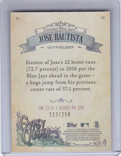 Baseball card of Jose Bautista Purple from 2017 Gypsy Queen for Toronto Blue Jays