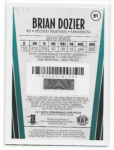 Brian Dozier baseball card from 2017 Honus Bonus Fantasy Silver Foil series