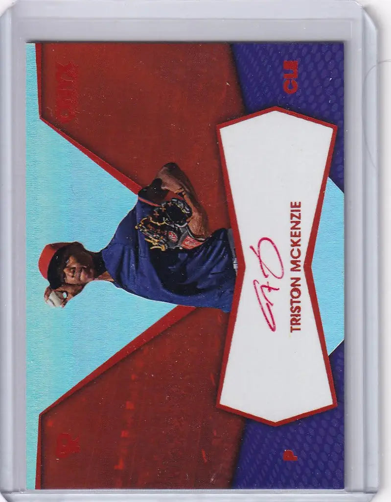 Baseball trading card of Triston McKenzie in blue uniform, Cleveland Indians, Onyx Platinum Auto