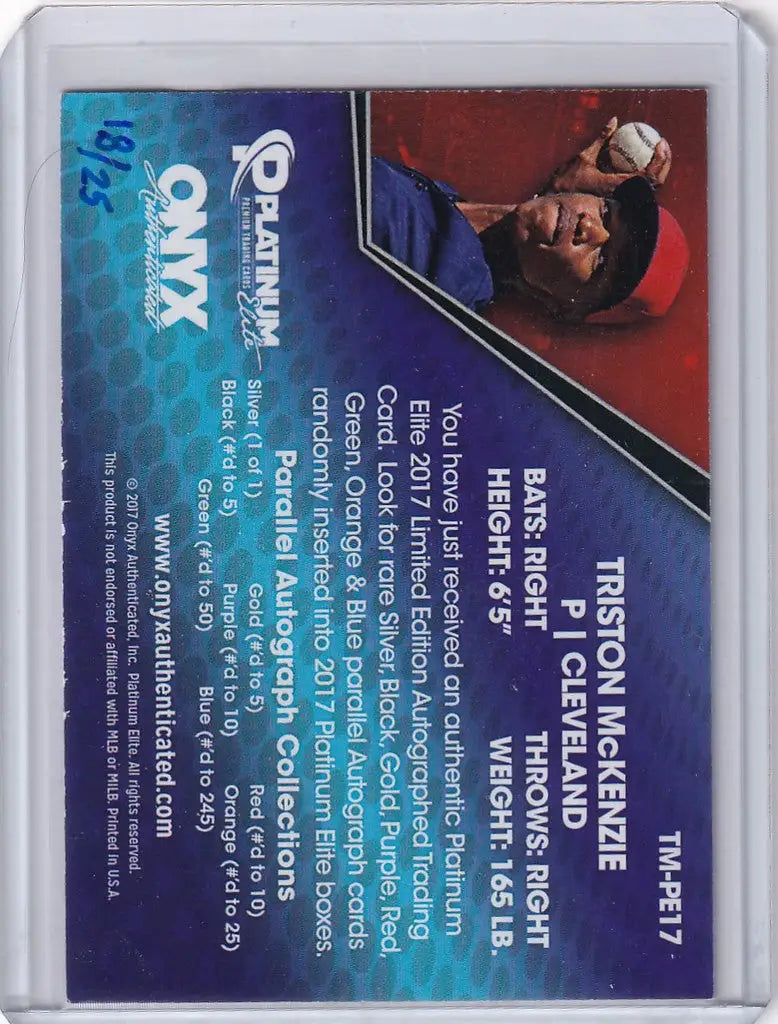 Trading card of Triston McKenzie in red uniform from Onyx Platinum Auto, Cleveland Indians