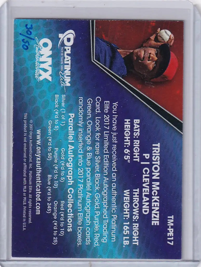 Baseball trading card of Triston McKenzie in blue cap for Onyx Platinum Auto Cleveland Indians