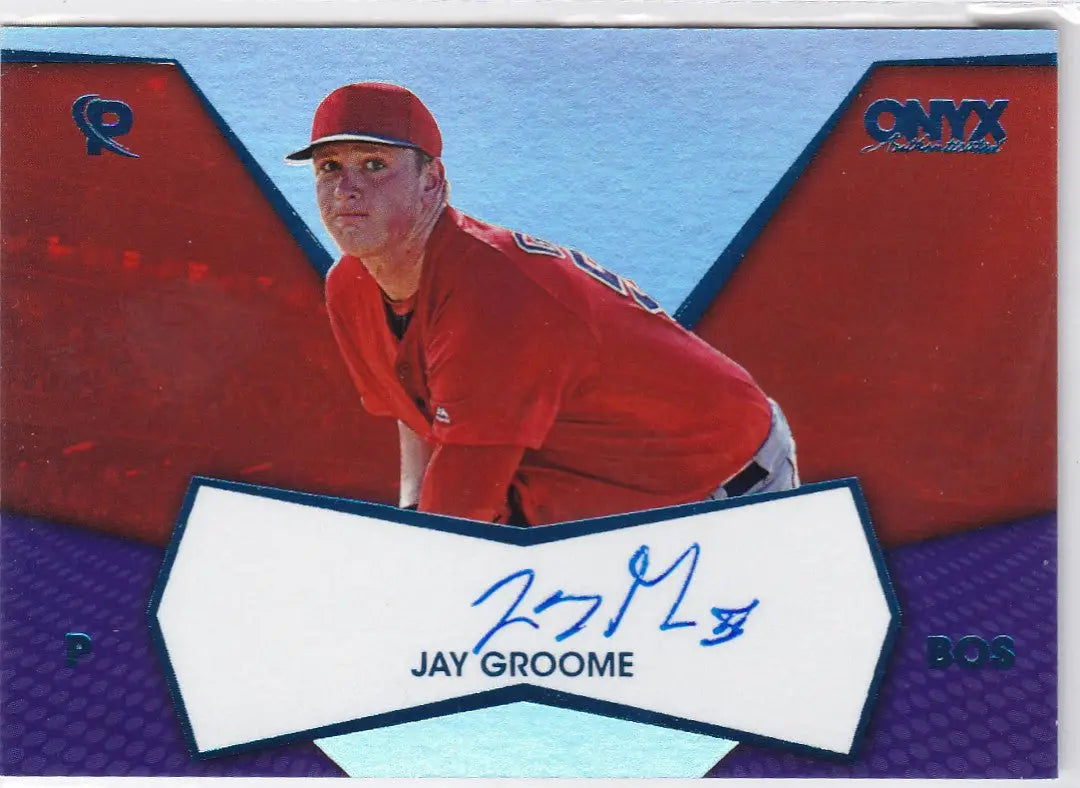 Jay Groome Auto Baseball Card from Onyx Platinum Elite featuring a pitcher in red uniform