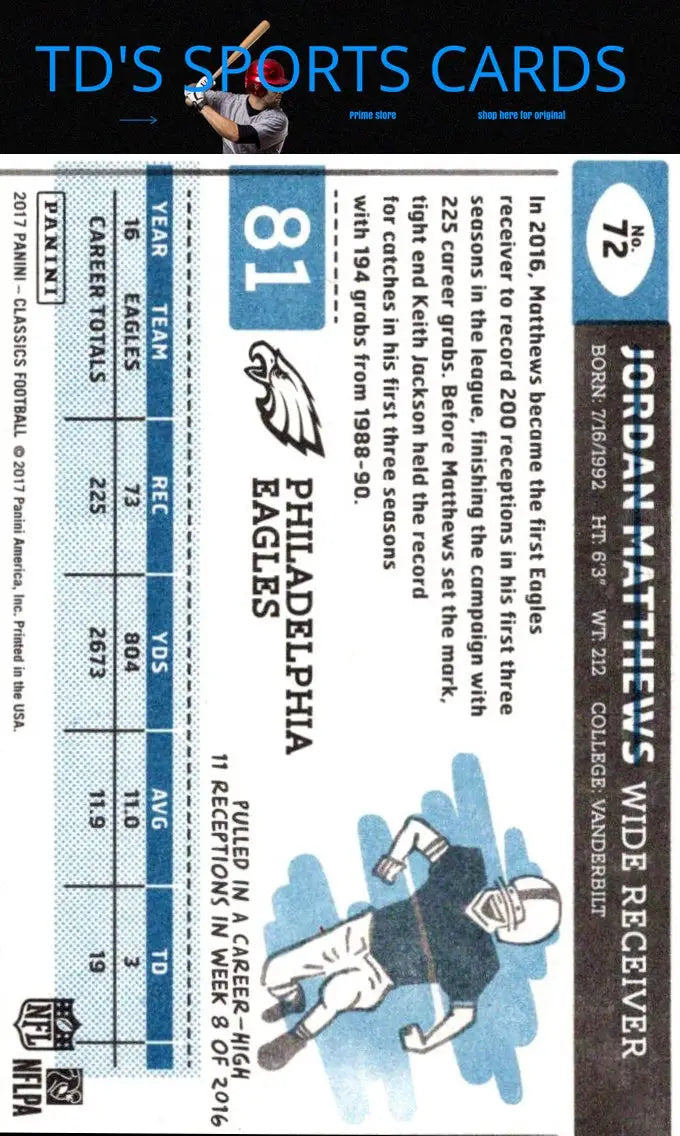 Jordan Matthews football card from Panini Classics 2017 featuring Blue Back #/175