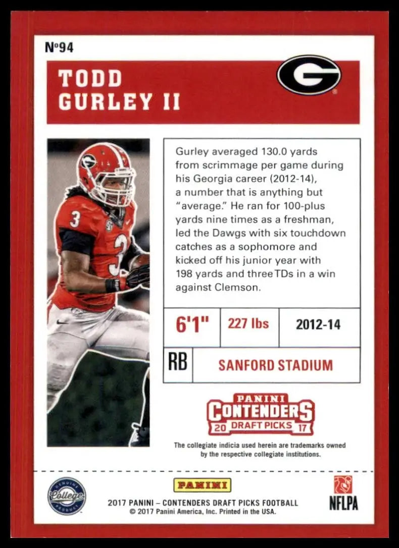 2017 Panini Contenders Draft Picks Season Ticket Todd Gurley II #94 Georgia Card