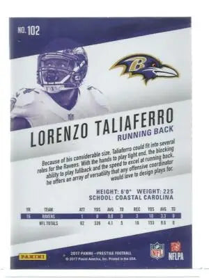 Original gloss Panini Prestige 2017 Lorenzo Taliaferro Ravens trading card with stats