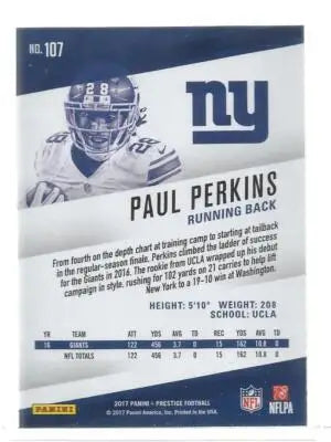Original gloss Panini Prestige Paul Perkins New York Giants football card showing Simply Sandoval