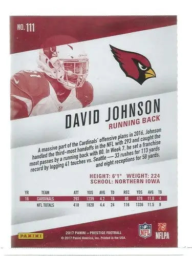 2017 Panini Prestige David Johnson football card with player stats and original gloss