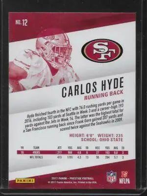 Original gloss 2017 Panini Prestige Carlos Hyde football card by Simply Sandoval