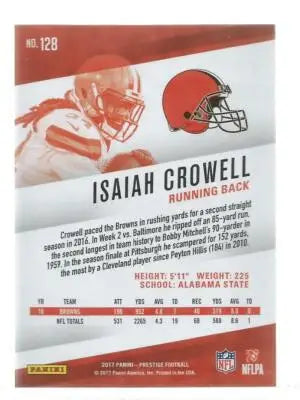 Original gloss of 2017 Panini Prestige Isaiah Crowell football card featuring stats and bio