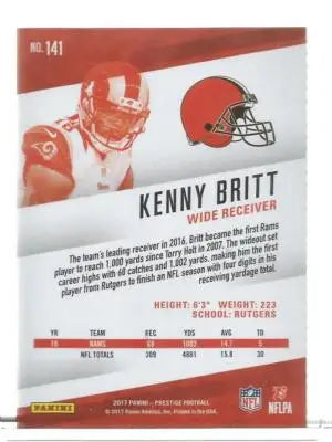 Original gloss of 2017 Panini Prestige Kenny Britt trading card featuring career stats