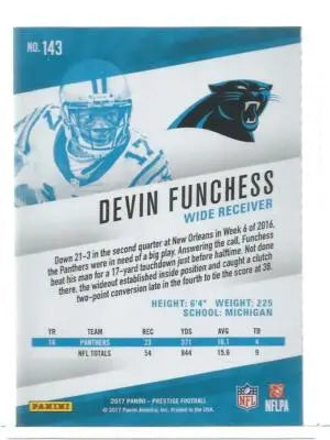 Original gloss of 2017 Panini Prestige Devin Funchess football card with stats and bio