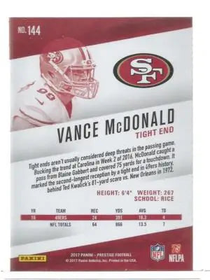 2017 Panini Prestige Vance McDonald football card with original gloss from Simply Sandoval