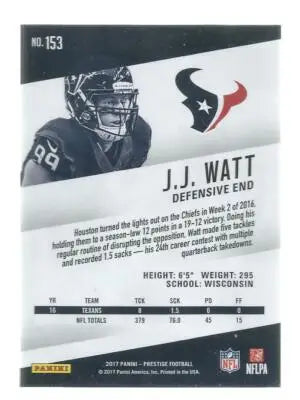2017 Panini Prestige #153 J.J. Watt NM-MT Texans - Football Card Single